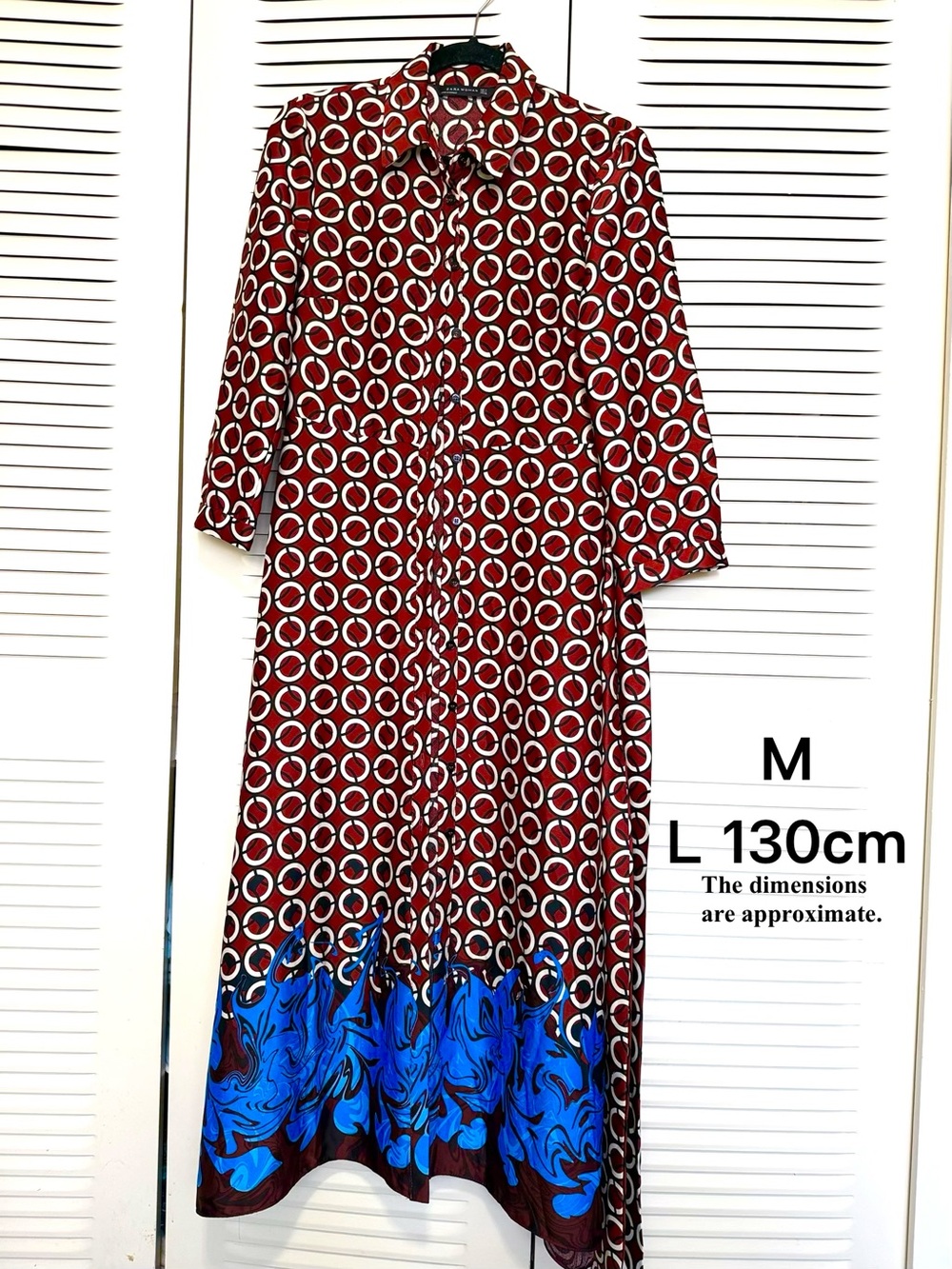 Zara Red Geometric Maxi Dress with Blue Border
